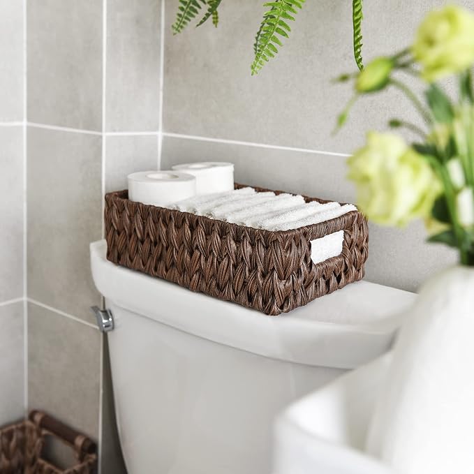 GRANNY SAYS Wicker Baskets with Handles,Small Woven Basket for Storage, Waterproof Storage Basket Organizer,Decorative Storage Boxes for Organing Pantry,Brown Basket,2-Pack,11 1/4''L x 7 1/2''W x 3 1/2''H | Waterproof Dark Brown Wicker Baskets, Small W...