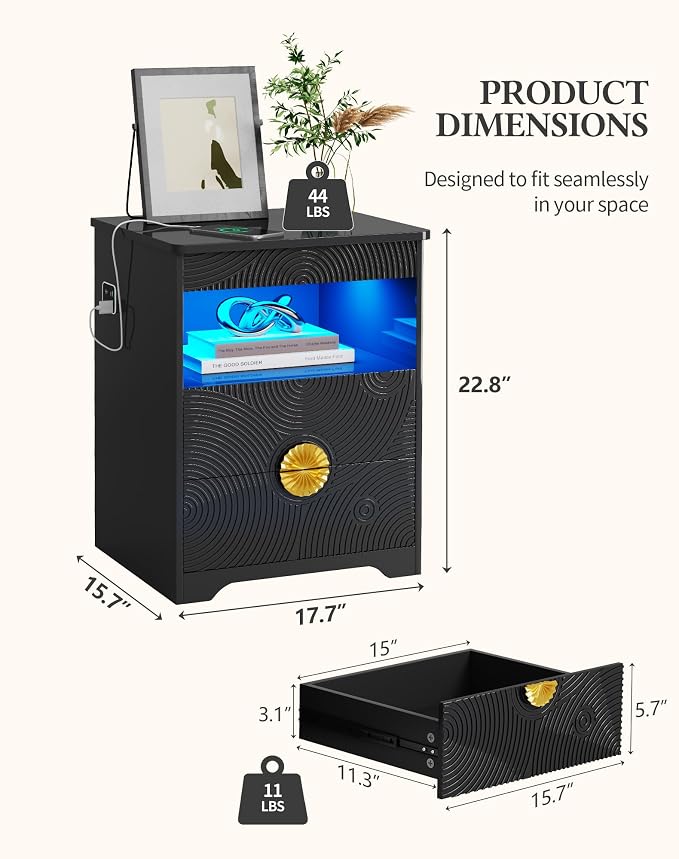 FREDEES LED Nightstand Set 2 with Gun Drawer & Charging Station | 3-Color Lights & Human Body Sensor, Smart Charger Station, 2 DrawersHidden Storage, End Table Bedroom Livingroom