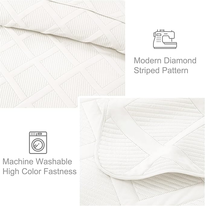 Exclusivo Mezcla Twin Size Quilt Set, White | Soft Bedspreads with 1 Pillow Sham, Modern Striped Pattern, Lightweight Bedding Set Coverlets for All Seasons, 68x88 Inch