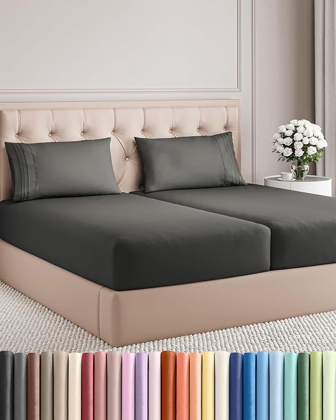 Split King Size 5 Piece Sheet Set - Breathable & Cooling Sheets - Charcoal | Hotel Luxury Bed Sheets for Women & Men, Deep Pockets, Easy-Fit, Comfy, Soft and Wrinkle Free Sheets, Oeko-Tex Bed Sheet Set