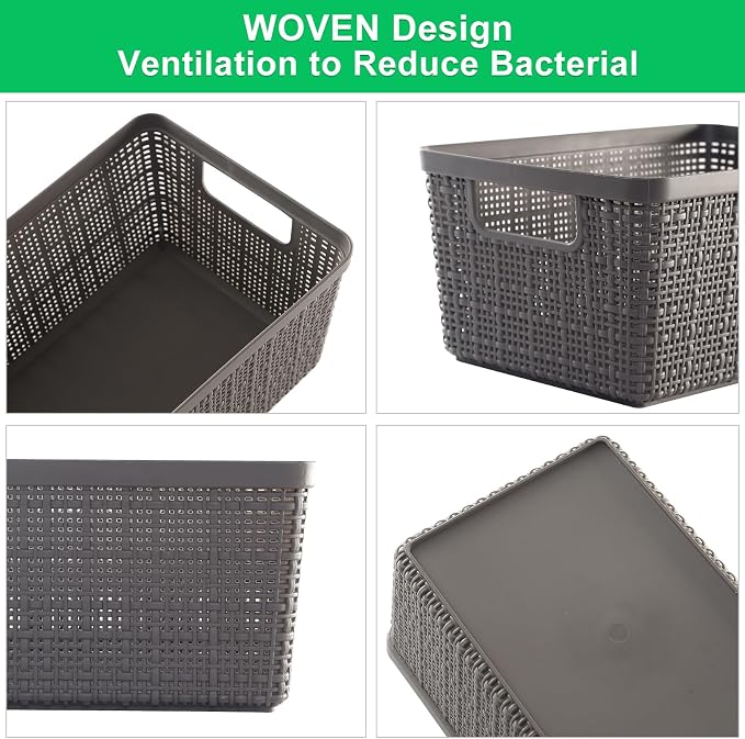6 Pack Plastic Storage Baskets with Lid,Grey Stackable Bins | Durable Woven Plastic With handle Breathable,Save space,For Organizing Desktops, Closets, Playrooms, Classrooms, Offices