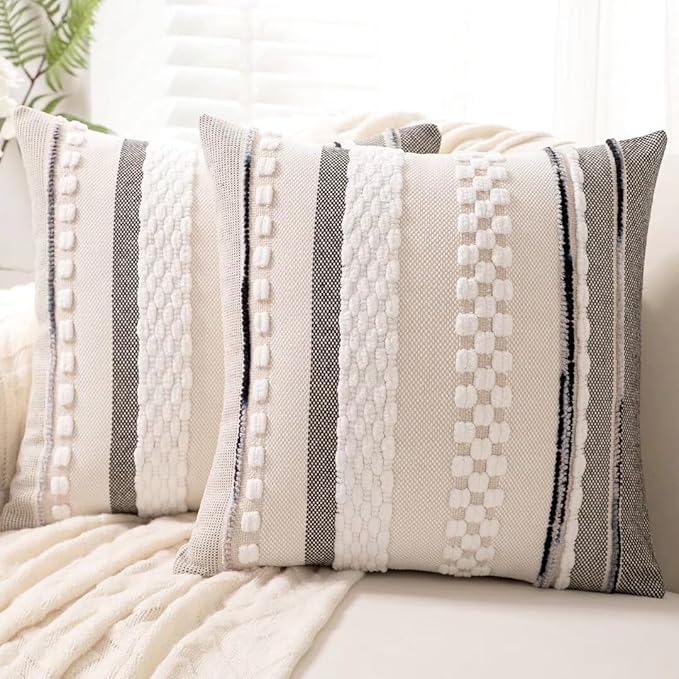 Boho Throw Pillow Covers Decorative Neutral Farmhouse Pillow case | 18x18 Set of 2 Cushion Case Striped Square Pillows Cover Couch Pillow Cases Accent Pillowcase for Sofa Bed,White