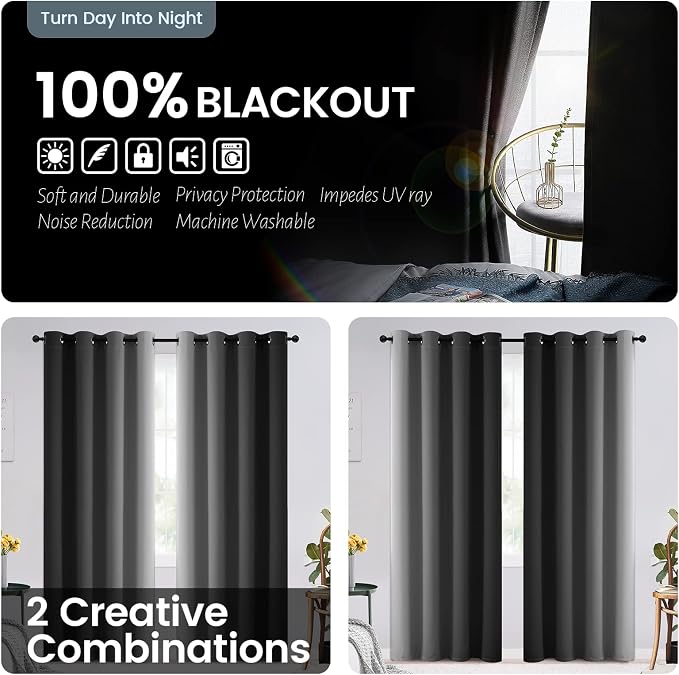 SimpleHome 100% Blackout Ombre Bedroom Curtains Black and Greyish White,84L | Room Darkening Curtains,Thermal Insulated Grommet Window Drapes and Curtains for Living Room,2 Panels, 52x84 inches Length