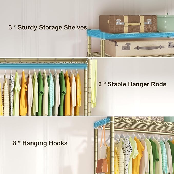 FUTASSI Rolling Clothes Rack, Clothing Racks for Hanging Clothes, Gold | P3 Heavy Duty Garment Rack with Wheels, Freestanding Portable Closet Racks 39.4'' W x 14'' D x 78.5'' H, Max Load 470 LBS