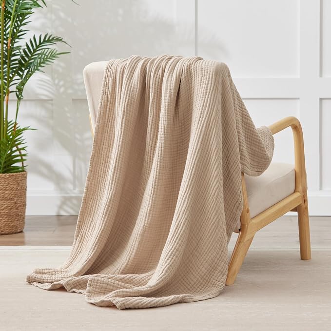 100% Cotton Muslin Blanket 50" x 60", Breathable and Lightweight Cotton Throw Blankets for Couch, Soft Cooling Summer Gauze Blanket for Adults All Season, Beige