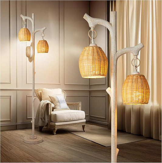 Scenekoy 68" Tall Floor Lamp with Wicker Drum Shade, Foot Switch Dimming | Tree Trunk Washed White Finish, Resin Farmhouse Rustic Standing Lamp with Bulb, Decor for Living Room Bedroom Reading Room