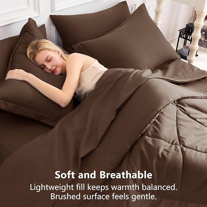 Super King Plus Comforter Set Brown - 7 Pieces Bed in a Bag | OEKO-TEX Certified, All Season, 240GSM Down-Alternative Comforter, Sheets, Pillowcases & Shams, 14" Deep Pocket, Easy Care