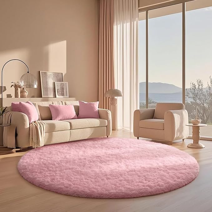 Ophanie Round Rugs 6Ft Pink Circle Area Rug,Fuzzy Bedroom Carpet,Large Shag Plush Floor Kawaii Christmas Living Room Rugs 6 Foot,Cute Room Decor for Kids Teen Girls Baby with Over 99 pcs Pile fibers