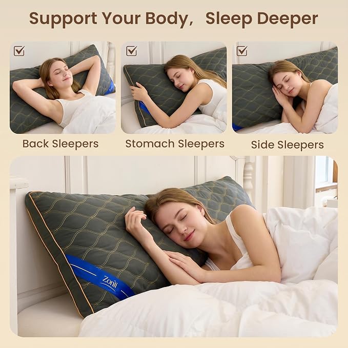 ZonLi Long Body Pillow for Adults, Gold Thread Quilted Gourd Pattern Cover, Soft Durable Adjustable Shredded Memory Foam, Comes with Extra 7 Oz Shredded Foam, Ideal for Side Sleepers, Dark Gray