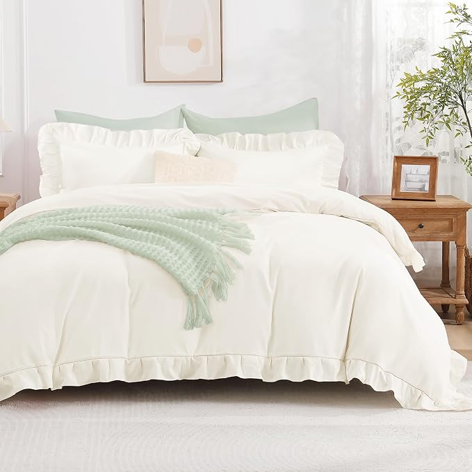 Andency Ivory Ruffle Duvet Cover King, Shabby Chic Farmhouse Bedding Set | 3 Pieces Soft Washed Polyester Vintage Ruffled Comforter Cover Set with Zipper Closure & Corner Ties, 104x90Inch
