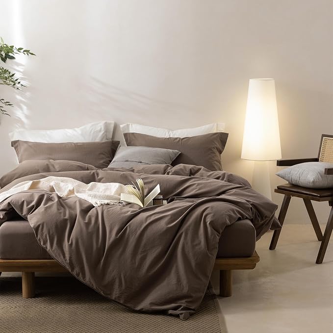 BDEAR 3Pcs Light Chocolate Brown Duvet Cover Set 98" W x 98" L, Oeko TEX | 100% Washed Cotton, 1 Duvet Cover with 2 Pillowcases, Zipper Closure, OEKO TEX Standard,8 Corner Ties,Linen-Liked Texture