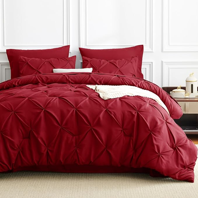 HIMEET Queen Comforter Set Deep Red - 7 Pieces Pintuck Bed in a Bag | OEKO-TEX Certified, 240GSM Down Alternative Comforter, 14" Deep Pocket Fitted Sheet + Flat Sheet + 2 Pillowcases + 2 Shams
