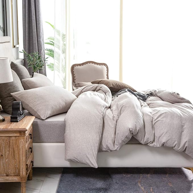 PURE ERA Jersey Knit Duvet Cover Set 100% T-Shirt Cotton Super Soft Comfy 3pc Bedding Set with Zipper Closure (Heather Beige, Queen) | 100% Cotton, 3 Piece Set, T Shirt Soft, Breathable, Envelope Closure Pillowcases, Hidden Zipper, 8 Ties, No Insert, M...