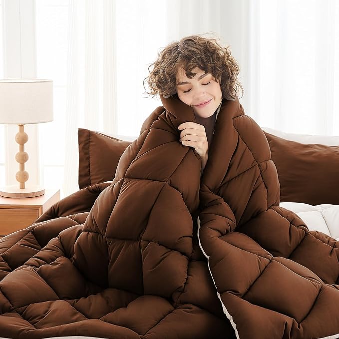 7 Pieces California King Comforter Set, Reversible Bed in a Bag Cal King Size, All Season Bedding Set with Comforter, Flat Sheet, Fitted Sheet, Pillowcases & Shams, Brown & Khaki