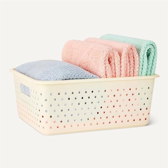 Amazon Basics Decorative BPA-Free Plastic Storage Baskets, 13.66 x 11.34 x 5.39 inches, Ivory, 4-Pack