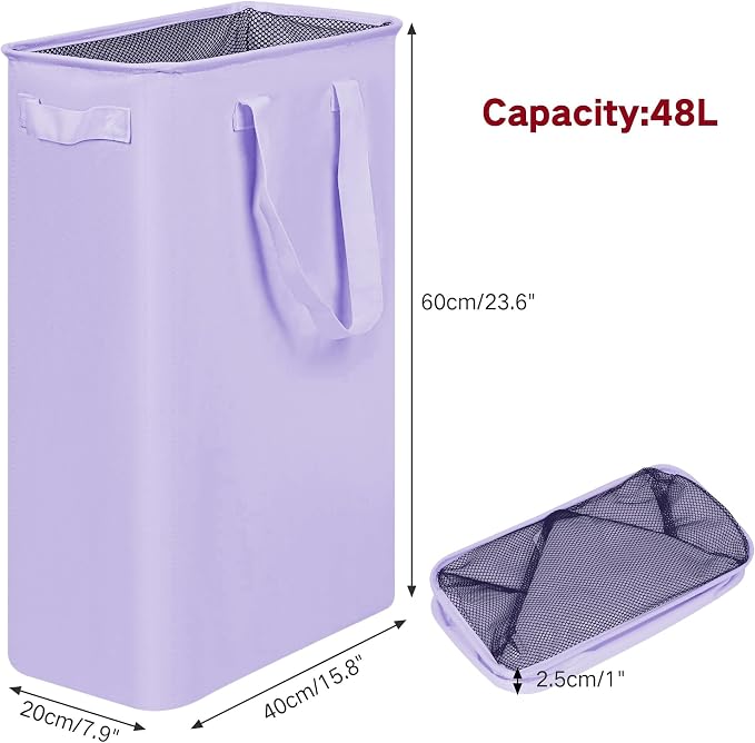 efluky Slim Laundry Basket, Narrow Laundry Hamper with Handles, Collapsible Dirty Clothes Hamper, Tall Laundry Bin for Laundry Room, Dorm and Bedroom, 12.7 Gallons(48L) Light Purple