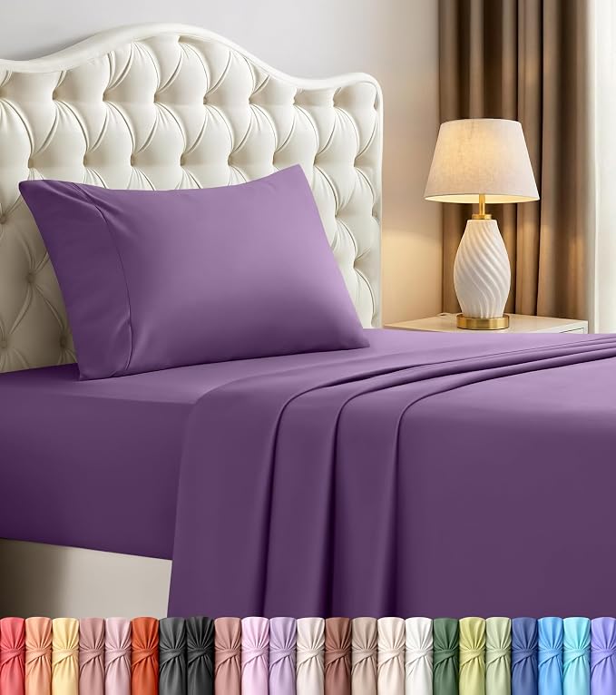 Twin Sheets Set, 3 Pieces 16" Deep Pocket Hotel Luxury Bedsheets, Egg Plant | Extra Soft Bedsheet Set, Comfy & Breathable Cooling Sheets, Wrinkle & Fade Resistant, Fitted Sheet, Flat Sheet, 1 Pillowcase