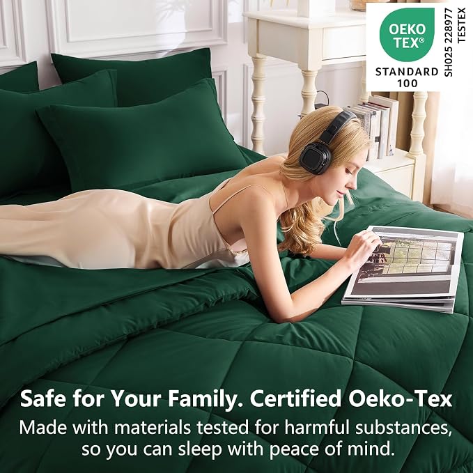 Twin XL Comforter Set Emerald Green - 5 Pieces Complete Bedding Set | College Dorm Essentials, OEKO-TEX Certified, All Season, 240GSM Down-Alternative Comforter, Sheets, Pillowcase & Sham