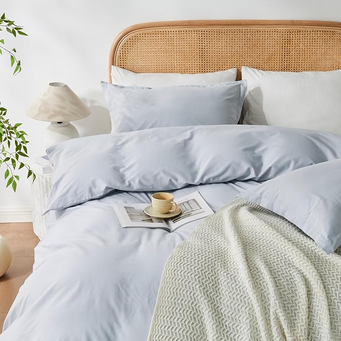 OAITE Duvet Cover Set 100% Washed Cotton Solid 3pcs | Soft,Durable,Long-staple Cotton,Hidden Zipper with 8 Interior Corner Ties,2 Pillowcases,68"X90"