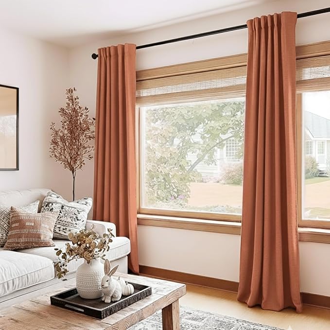 Faux Linen Total Blackout Curtains for Bedroom 84 Inch Long Burnt Orange | 100% Blackout Shield, Back Tab/Rod Pocket Living Room Drapes, Thermal Insulated Blackout Curtains 2 Panels Set, 50"W x 84"L
