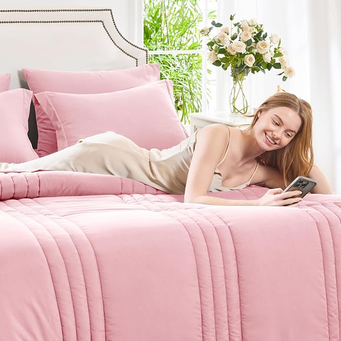 Queen Comforter Set Pink - 7 Pieces Bed in a Bag | OEKO-TEX Certified, 240GSM Down-Alternative Comforter, 14" Deep-Pocket Sheets, Shams & Pillowcases, Lightweight
