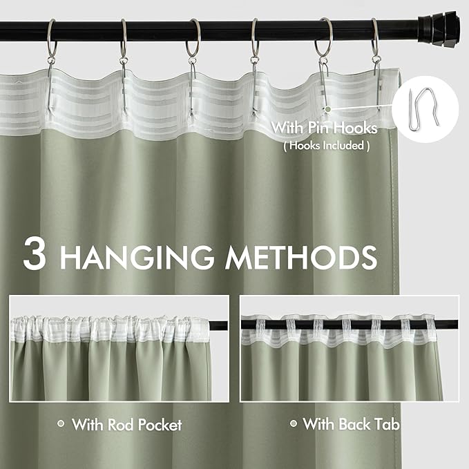 MIULEE Sage Green Back Tab Blackout Curtains 52x108 Inch Long 2 Panels Set | Rod Pocket Pinch Pleated, Thermal Insulated, Bedroom Living Room Darkening Privacy Drapes, Extra Long Light Blocking Curtains