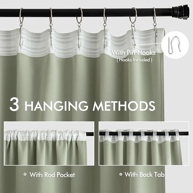 MIULEE Sage Green Back Tab Blackout Curtains 52x63 Inches Long 2 Panels Set | Rod Pocket Pinch Pleated, Thermal Insulated, Room Darkening, Light Blocking, Privacy Curtains for Living Room Bedroom
