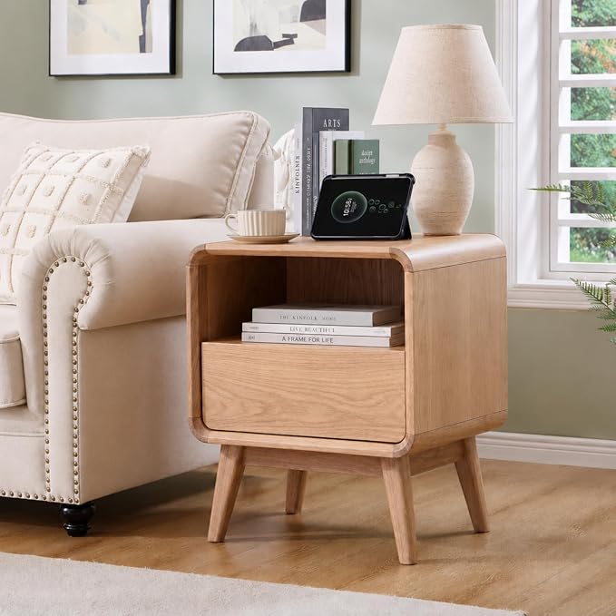100% Solid Oak Nightstand, Wood Nightstands with 2 Drawers, Mid Century Modern Nightstands with Open Storage, Wooden Night Stand Bedside Table for Bedroom.
