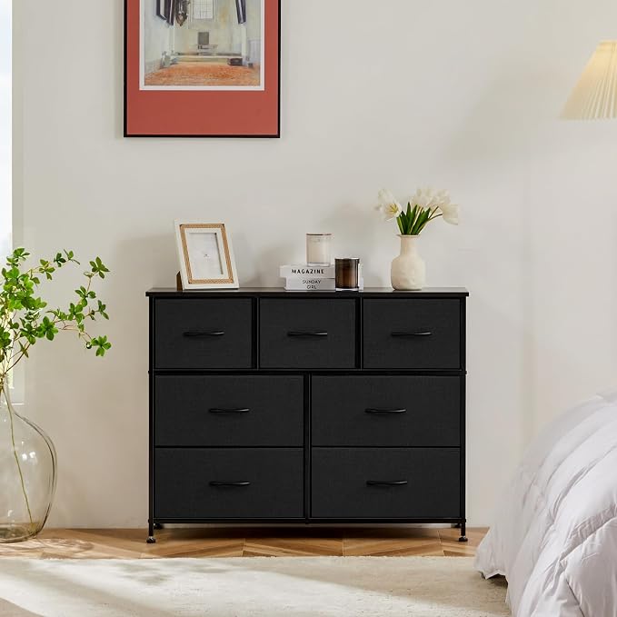 Sweetcrispy 7 Drawer Fabric Dresser for Bedroom Storage with Bins, Black | Anti-Tip Closet Organizer with Wooden Top and Sturdy Steel Frame, Spacious Drawers for Clothes Storage, Hallway Entryway