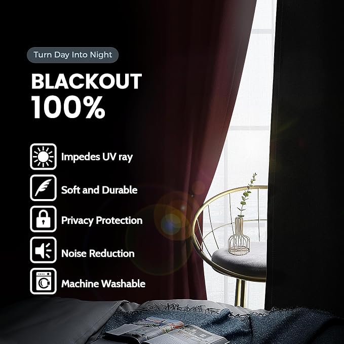 SimpleHome Wine red 100% Blackout Curtains Room Darkening Living Room 63L | Curtains for Bedroom,Thermal Insulated Grommet Window Drapes,Curtains for Living Room with Black Back,52 x 63 Inch,2 Panels