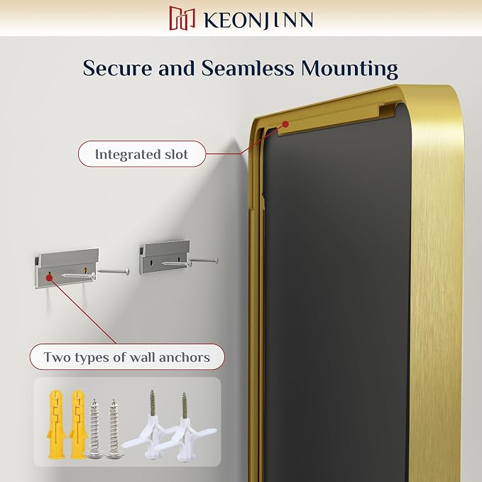 Keonjinn 30 x 30 Inch Brushed Gold Bathroom Mirrors for Over Sink | HD Tempered Glass, Shatter-Resistant, Brass Vanity Mirror, Anti-Rust Aluminum Frame, Rounded Rectangle, French Cleat Mount