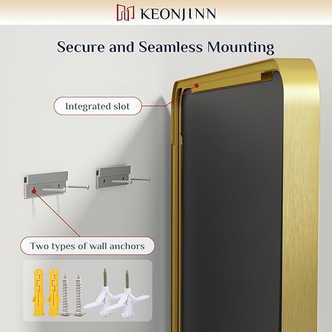 Keonjinn 30 x 36 Inch Brushed Gold Bathroom Vanity Mirror, Aluminum Frame | HD Tempered Glass, Brass Bathroom Mirrors for over Sink, Anti-Rust Aluminum Frame, Rounded Rectangle, French Cleat Mount