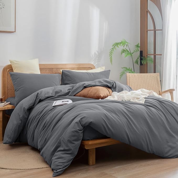 BESTOUCH Cotton Solid Duvet Cover Set Quiet Shade Grey Super Queen | 100% Washed Cotton, Soft Wrinkle Texture, Hidden Zipper, 8 Ties, Breathable Lightweight Durable Comfy, 3 Pcs No Insert