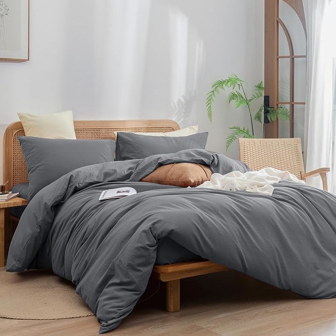 BESTOUCH Cotton Solid Duvet Cover Set Quiet Shade Grey Super King | 100% Washed Cotton, Soft Wrinkle Texture, Hidden Zipper, 8 Ties, Breathable Lightweight Durable Comfy, 3 Pcs No Insert