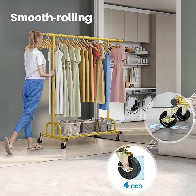 HOKEEPER Clothing Rack Gold Clothes Rack Heavy Duty Garment Rack for Hanging Clothes 525LBS Commercial Clothing Racks with Wheels for Bedroom, Laundry, Balcony, Living Room 22" D x 75" W x 71" H | Adjustable Garment Rack Easy Assemble Commercial Clothi...