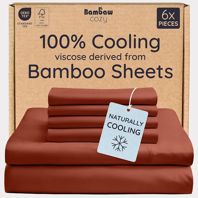 Bambaw 100% Viscose Derived from Bamboo Sheets Queen Size – 6pcs Queen Sheet Set Cooling Sheets, Fits Up to 16'' with Elastic Corner Straps, Breathable & Super Soft Bedding Set (Terracotta)
