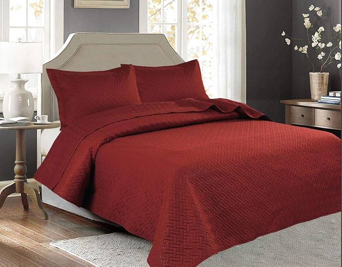 Legacy Decor 3 PCS Pinsonic Reversible Bedspread Quilt, King Brick | Squared Stitched Coverlet, All Season, Oversized, Brick Color, 3 PCS Set, Bedspread Quilt Coverlet