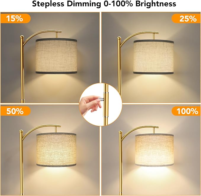 Dimmable Floor Lamp, Arc Floor Lamps for Living Room, Stepless Dimming Modern Standing Lamp with Linen Shade, Tall Lamp for Bedroom Office Dining Room- Gold