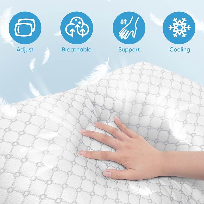 OAISZ Shredded Memory Foam Bed Pillows Standard Size Set of 2 for Sleeping | Adjustable Shredded Memory Foam Pillows, Cooling Bed Pillows for Side, Back and Stomach Sleepers, Removable Washable Covers