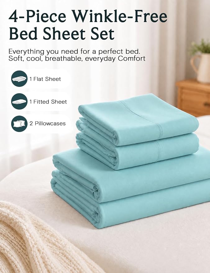 LuxClub Queen Sheet Set, Deep Pocket Bed Sheet Queen Size 4PC, Cooling Soft Bed Sheets, Breathable Hotel Luxury Bedding Wrinkle Free, Silky Fitted Sheet & Pillowcase Sets, Aqua Queen | LuxClub Silky Fitted Sheet & Pillowcase Sets, Breathable Hotel Luxu...