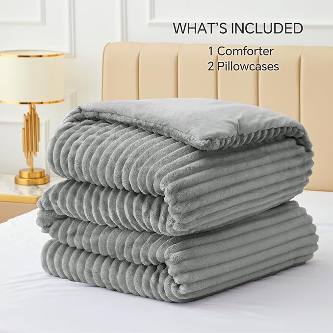 BEDELITE Fleece Oversized Queen Comforter Set, Fluffy Bed Set, Light Grey | Super Soft & Warm Bedding, Luxury Fuzzy Faux Fur Comforter for Winter, Heavy Plush Bedding, with 2 Pillowcases