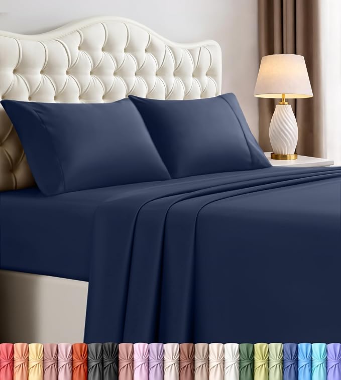Full Sheets Set, 4 Pieces 16" Deep Pocket Hotel Luxury Bed Sheets, Navy | Extra Soft Bedsheet Set, Comfy & Breathable Cooling Sheets, Wrinkle & Fade Resistant, Fitted Sheet, Flat Sheet, 2 Pillowcases