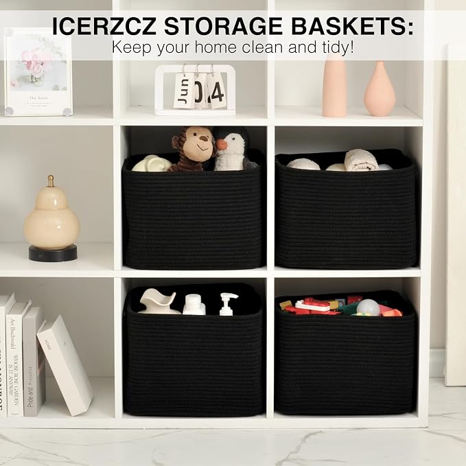 ICERZCZ Storage Baskets for Organizing & Shelves, Woven Cotton Rope Organization Bins for Dog Toys, Clothes, Books, Nursery Organizer, 15"Lx11''Wx9.5''H, (4 Packs) Black