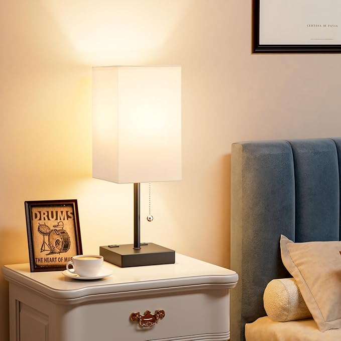 Bedside Lamp for Bedroom - 3 Color Temperatures, USB A+C, 2 AC Outlets | Pull Chain Switch, LED Bulb Included, White Fabric Shade, 17.4" Table Lamp for Nightstand, Desk, Living Room, Office