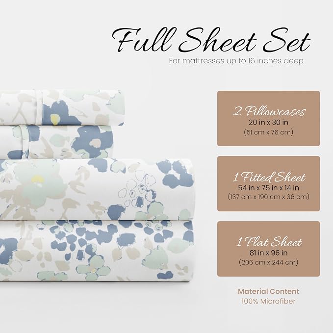 Linen Market Double-Brushed Patterned Microfiber Full Sheet Set 4 Piece – Oeko-TEX Certified Ultra Soft & Wrinkle-Free - 16" Deep Pocket Sheets - Easy Care Full Size - Violets Light Blue