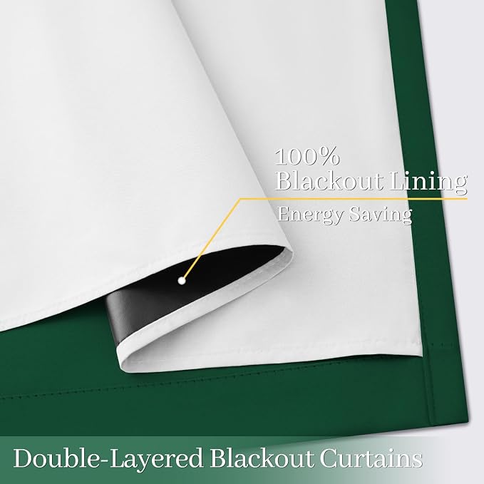 Yakamok Dark Green 100% Blackout Curtains 84 Inches Long 50" Wide 2 Panels | Blackout Curtain Panels for Bedroom, 2 Thick Layers Grommet Top Thermal Insulated Drapes with White Back for Living Room