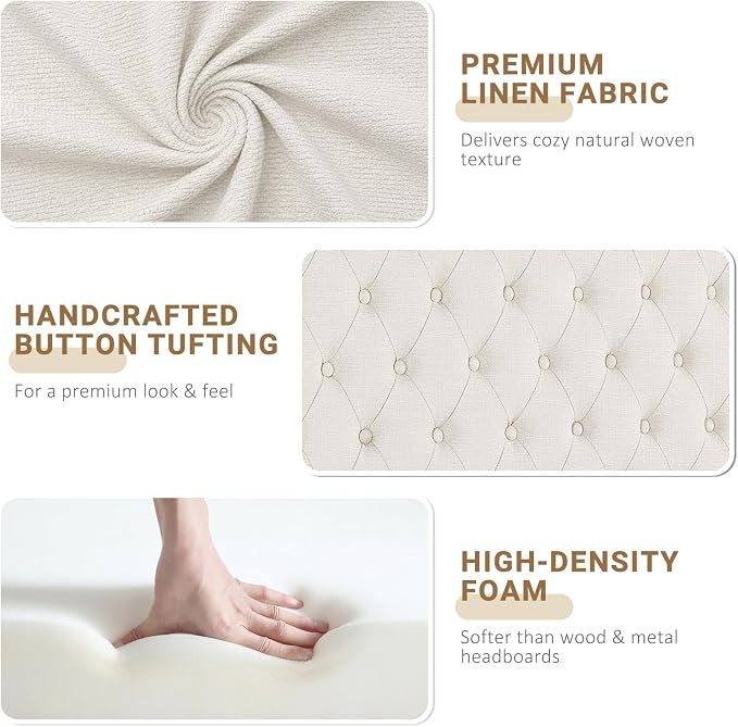 King Headboard Only, Linen Classic Tufted Design, Ivory | 2 installation options: 1.bed frame mount 2.wall mount (for adjustable bed), Classic hand-tufted headboard king size
