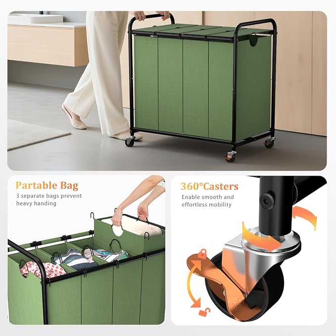 Laundry Sorter 4 Sections 48 Gal, Rolling Laundry Basket with Wheels ＆ Lid | Laundry Hamper, 4 Separated Removable Bags, Lockable Wheels, Dirty Clothes Hamper for Laundry Room Organizer, Green