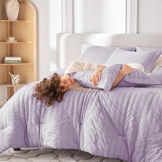 7 Pieces Oversized King Comforter Set, Seersucker Bed in a Bag Oversized King Size, All Season Luxury Bedding Set with Comforter, Flat Sheet, Fitted Sheet, Pillowcases & Shams, Lavender