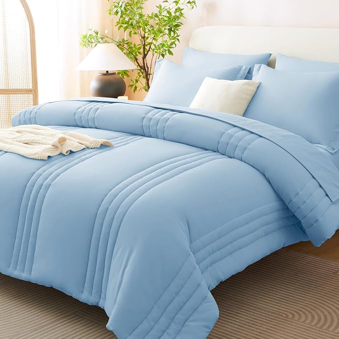 Queen Comforter Set Baby Blue - 7 Pieces Bed in a Bag | OEKO-TEX Certified, 240GSM Down-Alternative Comforter, 14" Deep-Pocket Sheets, Shams & Pillowcases, Lightweight